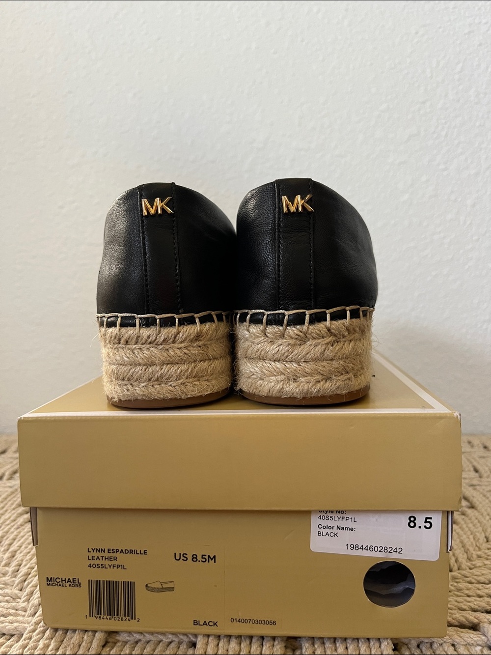 Michael Kors Black Leather Espadrille Wedge Loafers with Gold MK